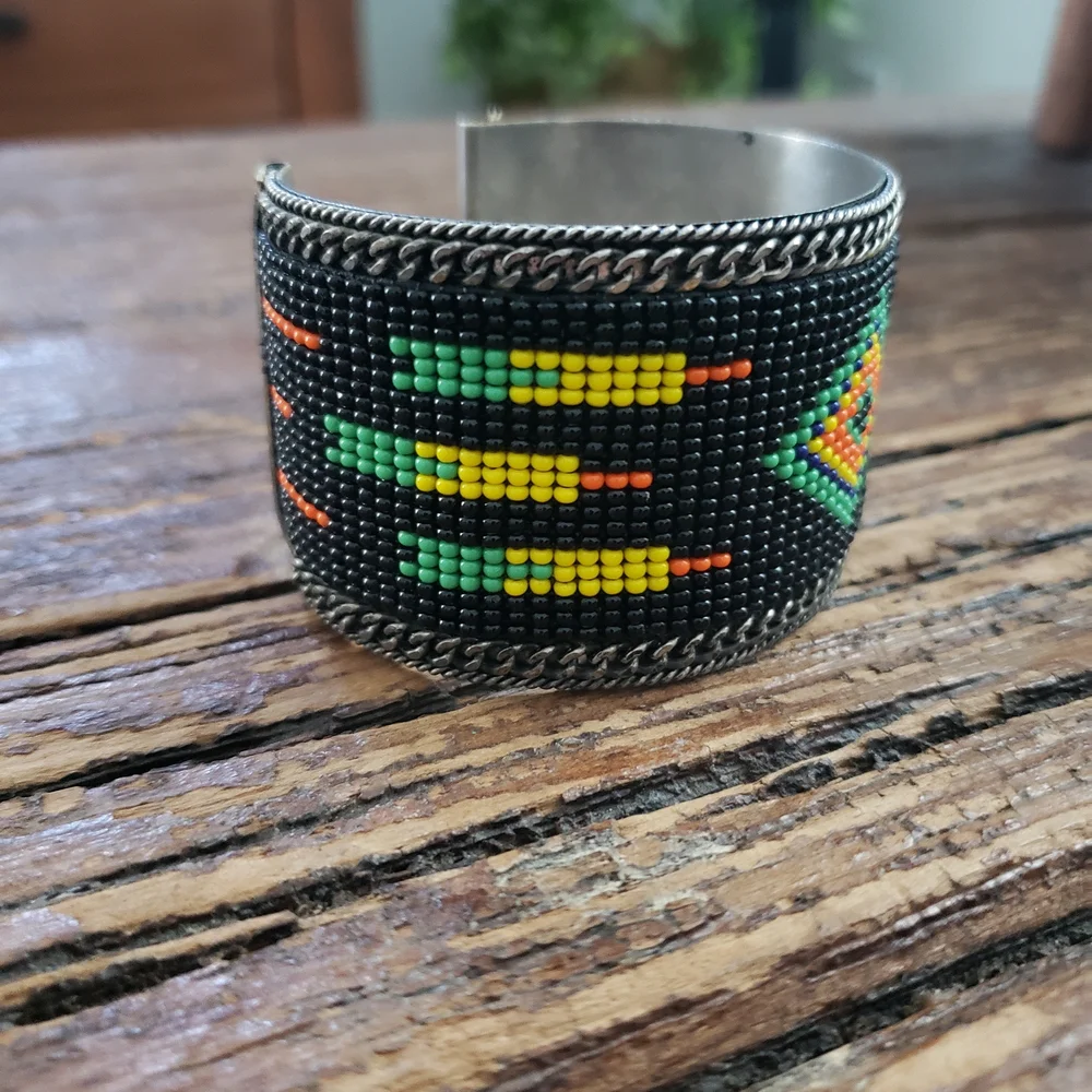 Handcrafted Beaded Cuff Bracelet - Black, Yellow, Green, Orange